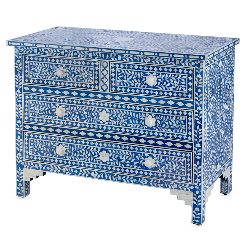 Комод Синий узор отделка кость Bone Inlay Dresser Blue Floral Design Chest of Drawers ivory ( слоновая кость ) Синий в Нижнем Новгороде | Loft Concept 