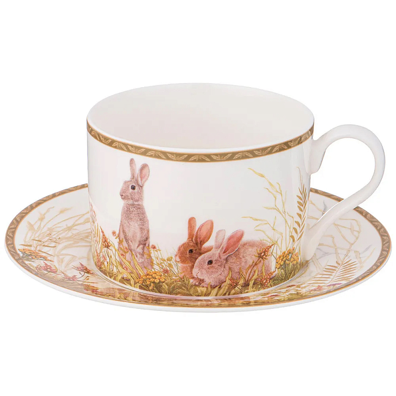 Чайная пара из фарфора с изображением собаки и зайцев 300 мл Hunting Porcelain Collection 2 Белый Коричневый Мульти в Нижнем Новгороде | Loft Concept 