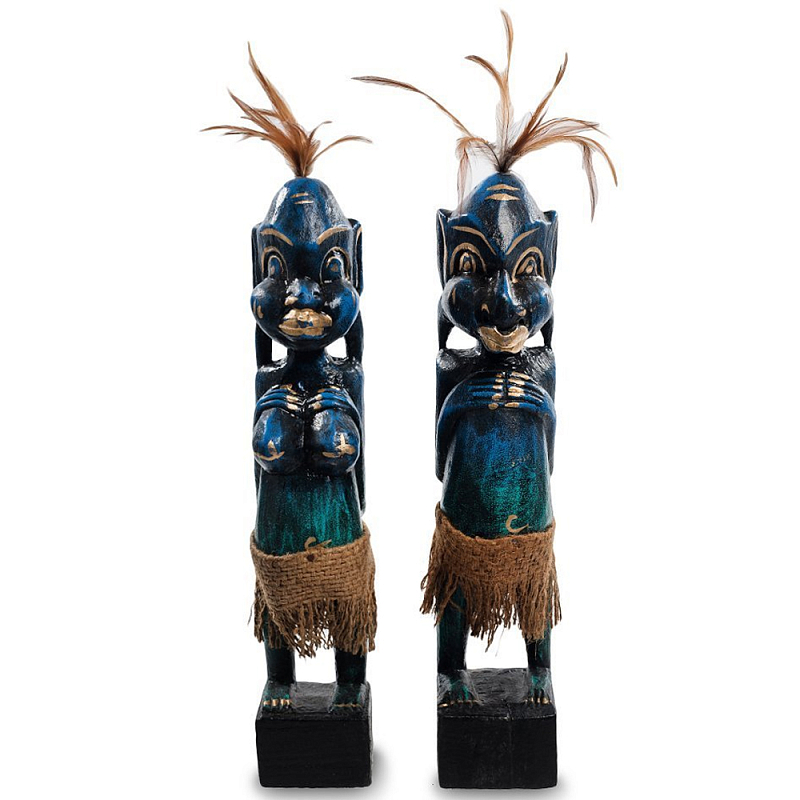 Комплект из 2-х деревянных статуэток Asmat Statuettes Dark Blue Темно-синий Бирюзовый Коричневый Черный в Нижнем Новгороде | Loft Concept 