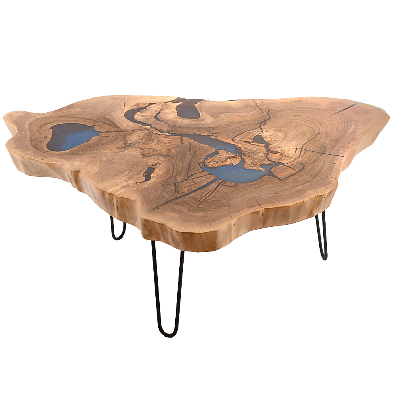 Кофейный стол со столешницей из орехового дерева и эпоксидной смолы Clem Coffee Table Орех Голубой Черный в Нижнем Новгороде | Loft Concept 