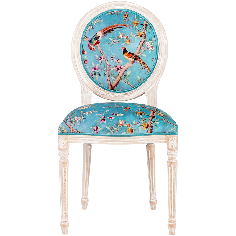 Стул из массива бука бирюзовый с изображением птиц и цветов Turquoise Beige Chinoiserie Peach Garden Chair Бирюзовый Мульти Бежевый в Нижнем Новгороде | Loft Concept 