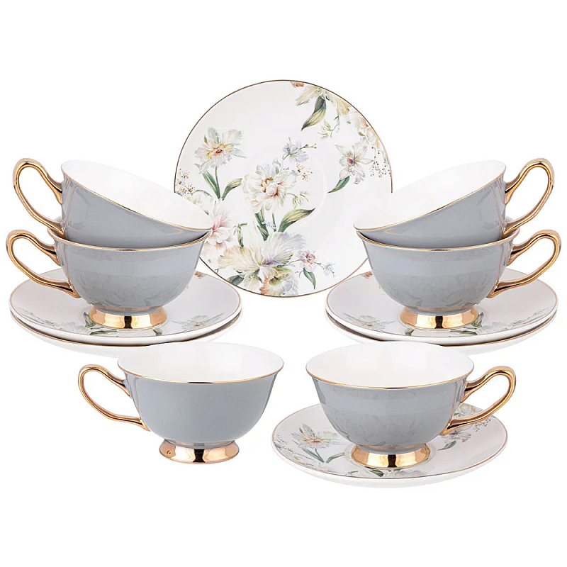 Чайный набор из фарфора на 6 персон Grey Tea Porcelain Set Белый Золотой Серый в Нижнем Новгороде | Loft Concept 