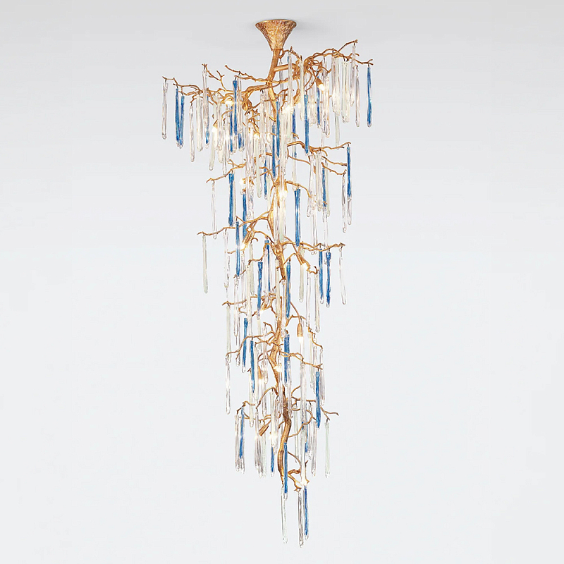 Люстра каскадная с прозрачными и голубыми подвесками в форме капель Droplet Chandelier Золотой Прозрачный Голубой Люстра каскадная с прозрачными и голубыми подвесками в форме капель Droplet Chandelier Золотой Прозрачный Голубой в Нижнем Новгороде | Loft Concept
