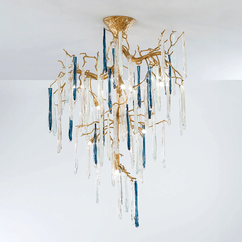 Люстра с прозрачными и голубыми подвесками в форме капель Droplet Chandelier Золотой Прозрачный Синий Люстра с прозрачными и голубыми подвесками в форме капель Droplet Chandelier Золотой Прозрачный Синий в Нижнем Новгороде | Loft Concept
