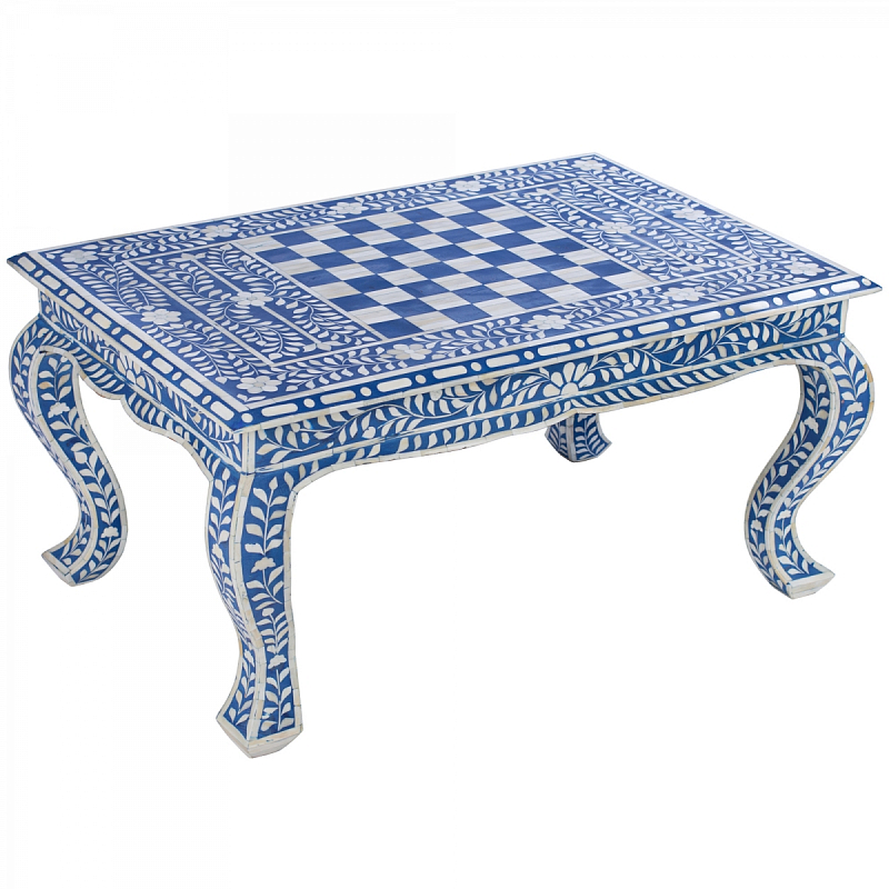 Стол синий отделка кость BLUE BONE INLAY CHESS COFFEE TABLE Синий ivory ( слоновая кость ) в Нижнем Новгороде | Loft Concept 