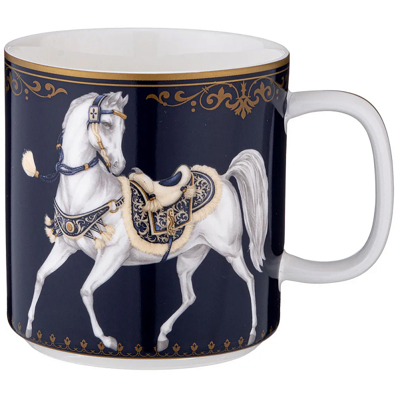 Кружка из фарфора синяя с изображением лошадей 400 мл Porcelain Horse Set Белый Синий Золотой в Нижнем Новгороде | Loft Concept 