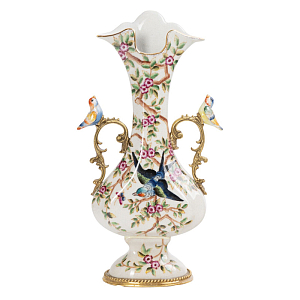 Ваза белого цвета из фарфора с цветочным рисунком и бронзовыми ручками с фигурками птиц Eden Garden porcelain and bronze