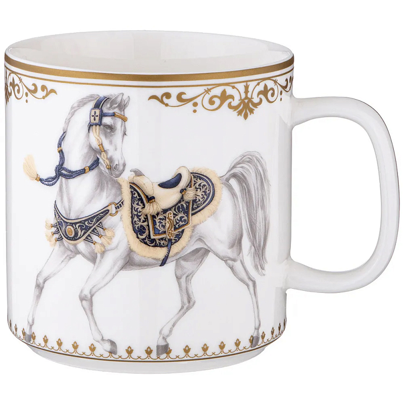 Кружка из фарфора белая с изображением лошади 400 мл Porcelain Horse Set Белый Синий Золотой в Нижнем Новгороде | Loft Concept 