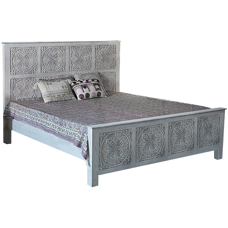 Двуспальная кровать из массива манго с резьбой Floro Grey Mango Bed Бежевый в Нижнем Новгороде | Loft Concept 