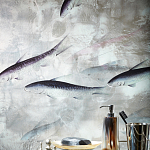 Обои ручная роспись Fishes Blue Pearl on Tarnished Silver gilded silk with pearlescent antiquing варинант исполнения - 5 | Loft Concept в Нижнем Новгороде