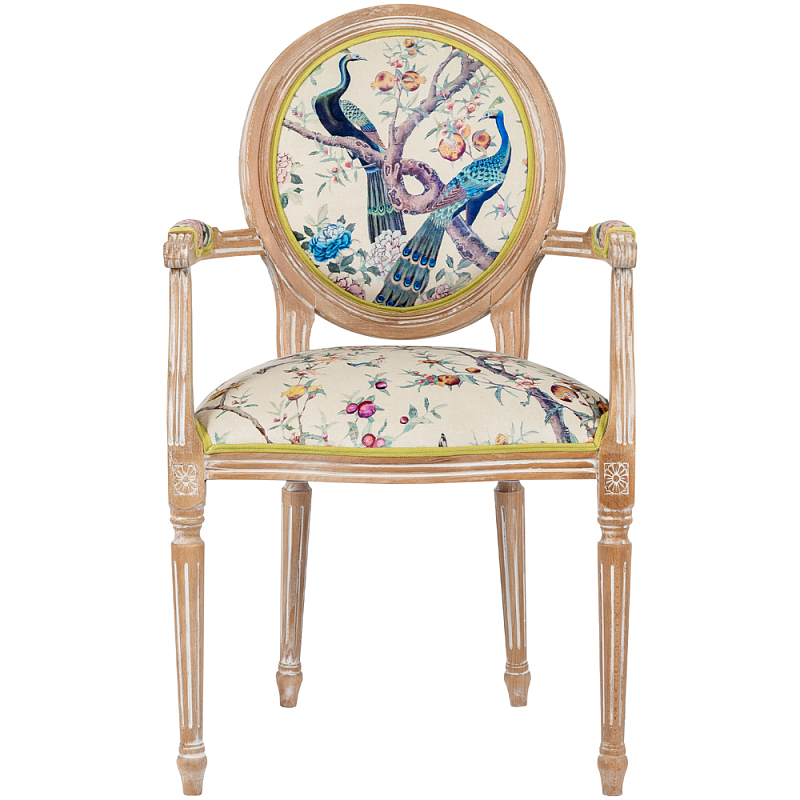 Полукресло из массива бука бежевое с изображением птиц и цветов Beige Green Chinoiserie Garden Chair Бежевый Салатовый Мульти в Нижнем Новгороде | Loft Concept 