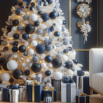 Украшенная Белая Новогодняя Елка с сине-белыми шарами и и муляжами подарков в комплекте варинант исполнения - 2 | Loft Concept в Нижнем Новгороде