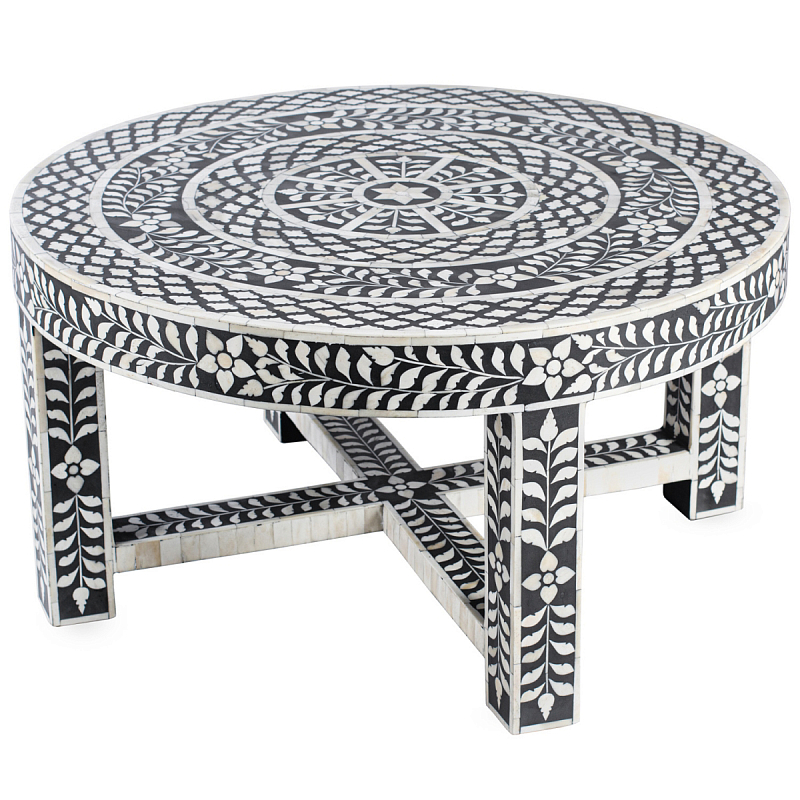 Стол кофейный черно-белый орнамент BONE INLAY ROUND COFFEE TABLE Черный ivory ( слоновая кость ) в Нижнем Новгороде | Loft Concept 