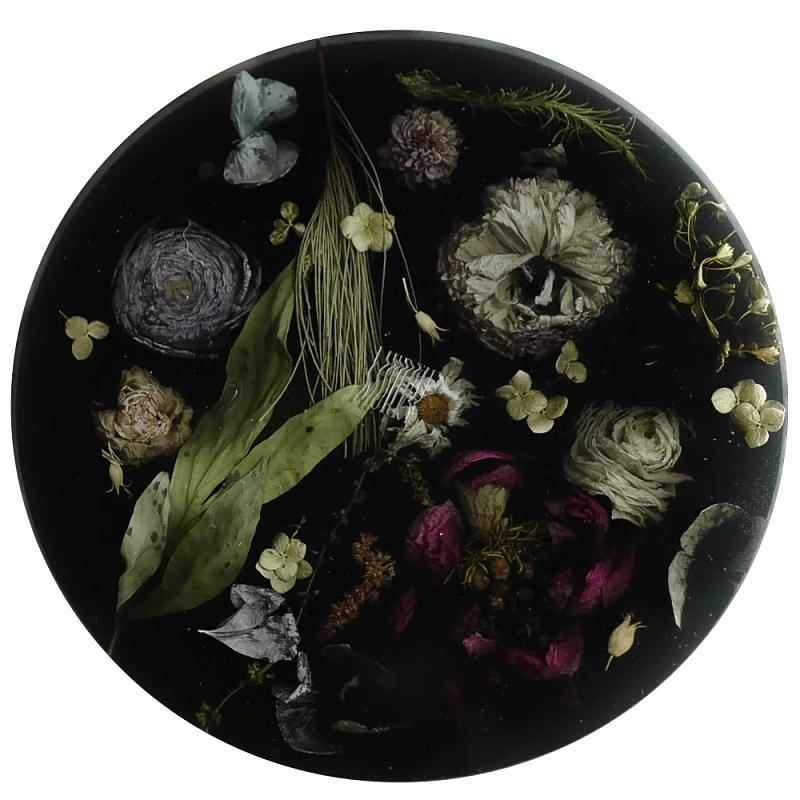 Круглый поднос из эпоксидной смолы с цветами черный Epoxy Resin Flowers Tray Black Черный Мульти в Нижнем Новгороде | Loft Concept 