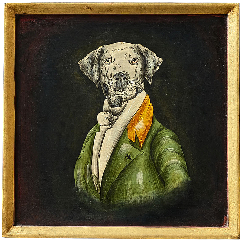 Картина в квадратной раме Chinoiserie Grey Dog Portrait Зеленый Черный Золотой Мульти в Нижнем Новгороде | Loft Concept 