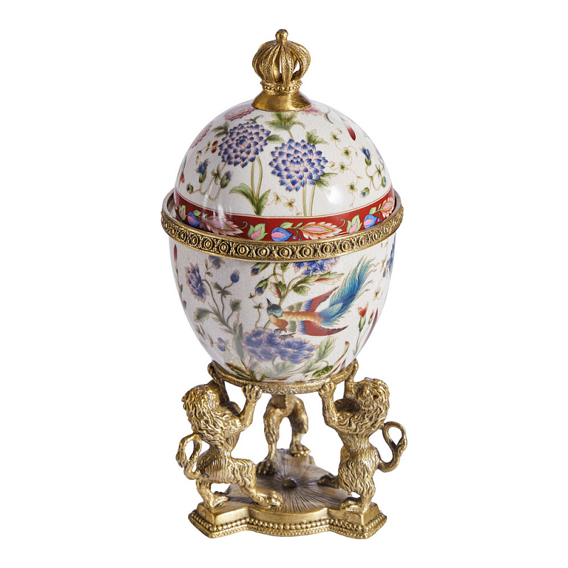 Шкатулка в форме яйца на величественных львах из фарфора с бронзовыми элементами Eden Garden Белый Черный Бронза Мульти в Нижнем Новгороде | Loft Concept 