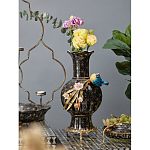 Ваза черная фарфоровая с  узором и бронзовым декором в виде веток с фарфоровой птичкой и цветами Eden Garden варинант исполнения - 2 | Loft Concept в Нижнем Новгороде