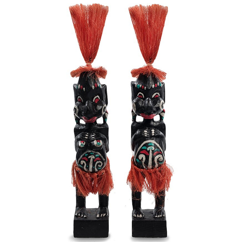 Комплект из 2-х деревянных статуэток Asmat Red Straw Headdress Statuettes Черный Красный Белый Бирюзовый в Нижнем Новгороде | Loft Concept 