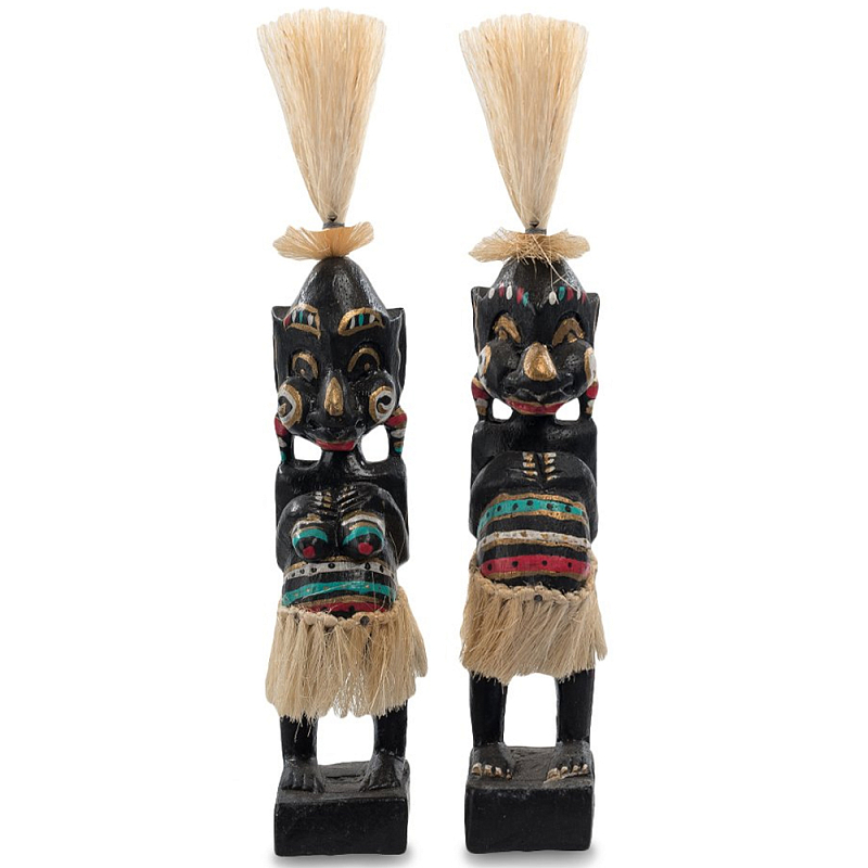 Комплект из 2-х деревянных статуэток Asmat Straw Headdress Statuettes Black Colorful Tattoo Черный Бежевый Мульти Бирюзовый Красный в Нижнем Новгороде | Loft Concept 